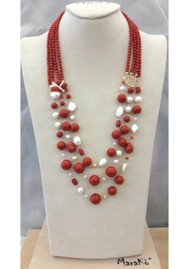 Collier multifilo bamboo rosso e perle coltivate﻿