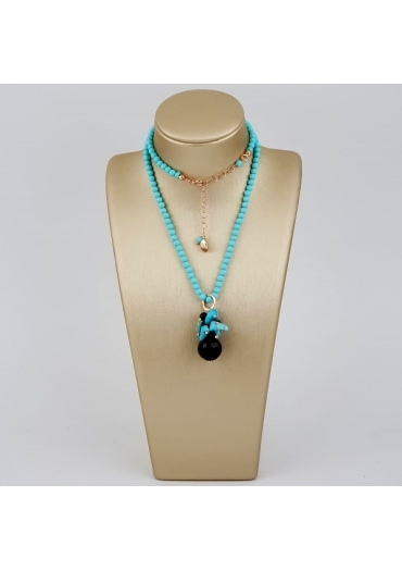 Collier pasta turchese 4 fiori,turchese Arizona, agata nera﻿
