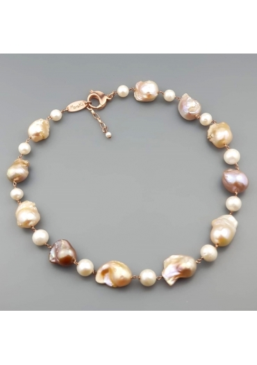 Collier perle barocche rosa, perle coltivate bianche﻿