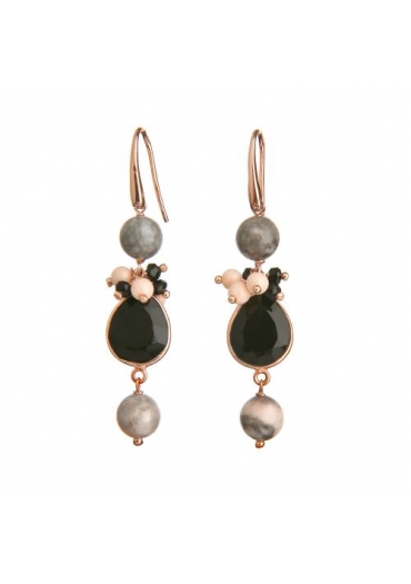 Orecchini agata nera, Diaspro grigio,Bamboo rosa﻿,