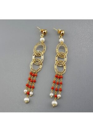 Orecchini corallo bamboo rosso,perle coltivate﻿