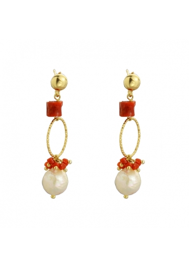 Orecchini corallo rosso,perle coltivate﻿