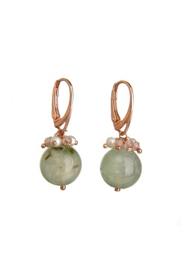 Orecchini quarzo rutilato verde, quarzo rosa, perle coltivate﻿