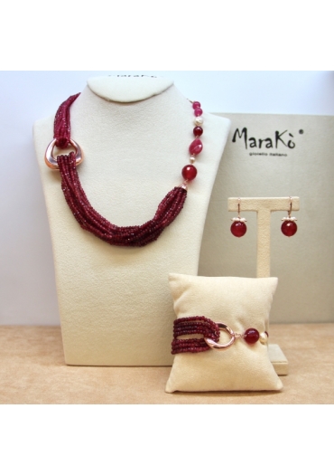 Parure Agata ruby, giada rosae perle coltivate﻿