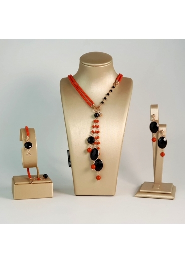 Parure bamboo rosso, agata nera