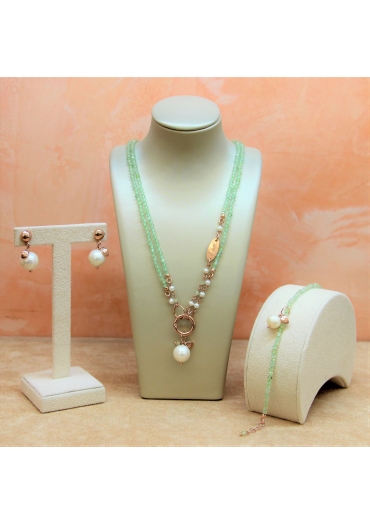 Parure Quarzo rutilato verdeTaglio diamond e perle coltivate