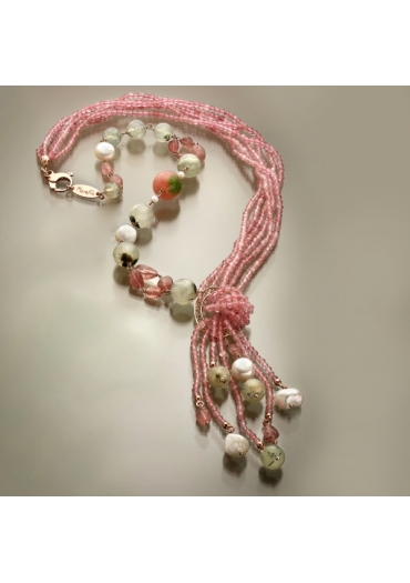 Sciarpa quarzo rosa diamantato, quarzo rutilato verde,perle coltivate﻿