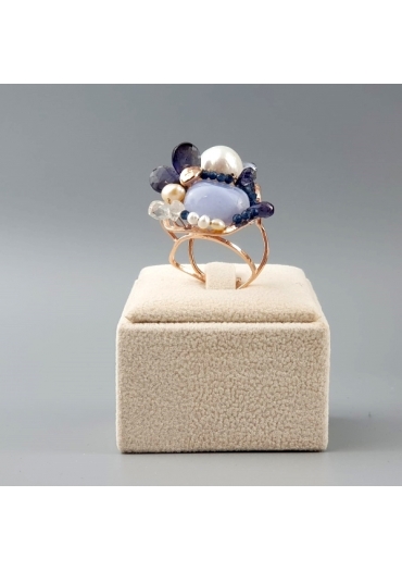 Anello agata blu zaffiro, calcedonio, iolite, perle coltivate
