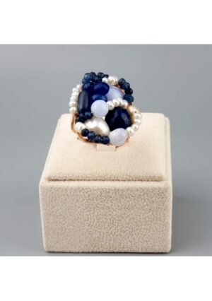 Anello agata blu zaffiro, calcedonio, perle coltivate﻿