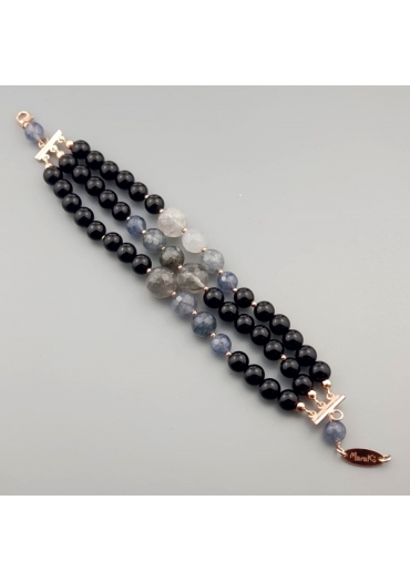 Bracciale agata nera, quarzo rutilato grigio﻿