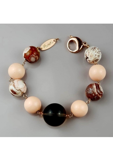 bracciale, diaspro marrone, bamboo rosa, quarzo fumè – cod:BR1360
