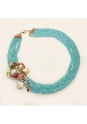 Collier acquamarina,quarzi  taglio macchina, perle coltivate﻿