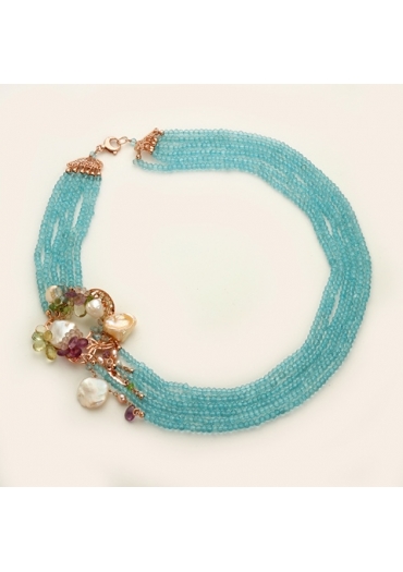 Collier acquamarina,quarzi taglio macchina, perle coltivate