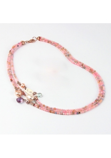Collier a 3 fili Acquamarina multicolor, perle coltivate