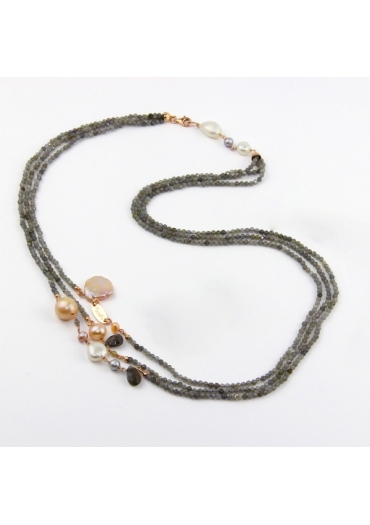 Collier a tre fili labradorite diamond, perle coltivate,