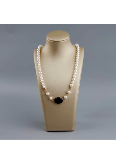 Collier perle coltivate, castone 18 per 13 mm agata nera