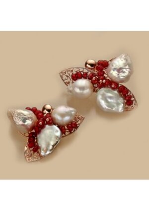 Orecchini agata ruby, perle di fiume, arg.925/00 placcato oro rosa trattato con e- coating