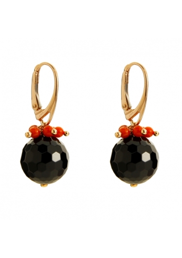 Orecchini agata nera, bamboo rosso