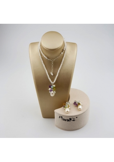 Parure labradorite, perle coltivate, quarzi multicolor