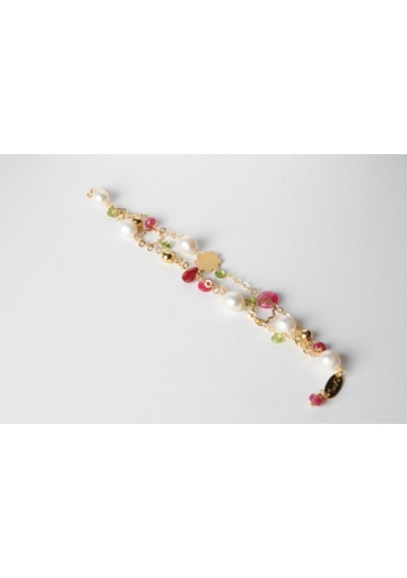Bracciale a 3 fili, giada rosa, perle di fiume, goccine peridoth t. macchina – cod:BR0935