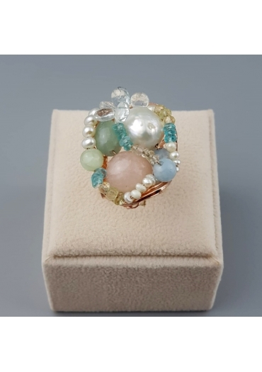 Anello regolabile acquamarina multicolor, perle coltivate, pz unico﻿