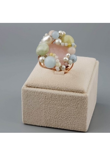 Anello regolabile acquamarina multicolor, perle coltivate, pz unico﻿