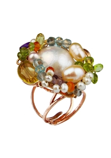 Anello fatto a mano, perle coltivate, quarzi taglio macchina﻿