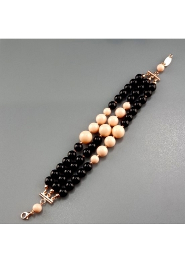 Bracciale a tre fili agata nera, corallo bamboo rosa﻿