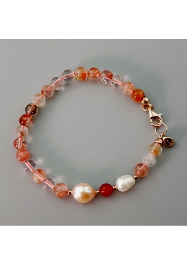 Bracciale Quarzo cipria, corniola,6mm, perle coltivate