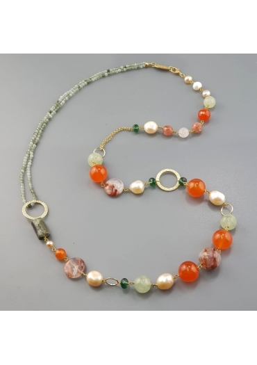 Chanel agata arancione, quarzo rutilato verde, perle coltivate, quarzo cipria﻿
