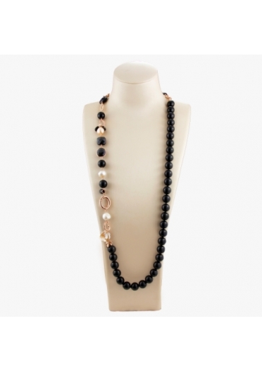 Collana scomponibile, agata nera, perle coltivate﻿