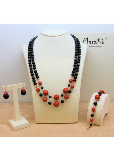 Collier a due fili agata nera satinata,Corallo bamboo red﻿