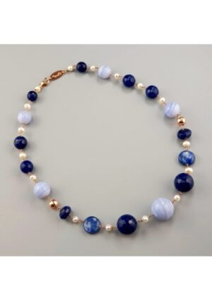 Collier calcedonio, agata blu zaffiro, perle coltivate﻿