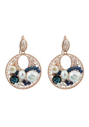 Orecchini in argento placcato oro rosa con trattamento e-coating, agata blu zaffiro, quarzo blue light, perle di fiume