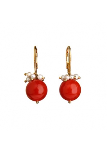 Orecchini corallo bamboo﻿ rosso, perle di fiume