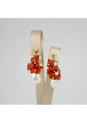 Orecchini a grappolo perle coltivate, corallo rosso﻿