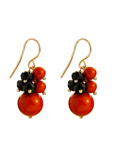 Orecchini corallo bamboo red,Agata nera﻿