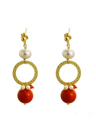 Orecchini bamboo rosso, perle coltivate﻿