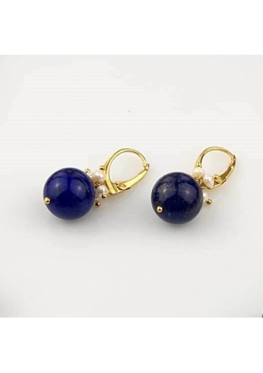 Orecchini Lapis sfera 14 mm, perle di fiume, arg.925/00 placcato oro con trattamento e-coating