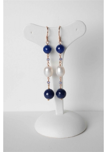 Orecchini, agata blu, iolite, perle coltivate