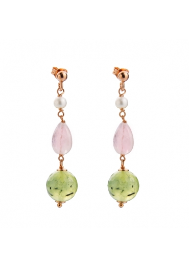 Orecchini quarzo rosa, quarzo rutilato verde, perle coltivate﻿