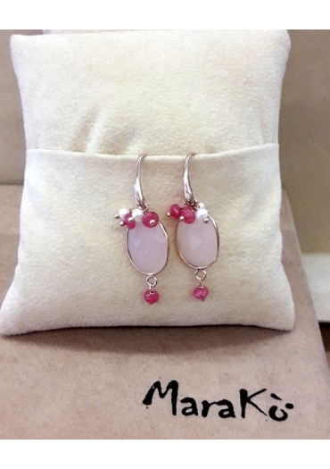 Orecchini quarzo rosa, giada rosa, perle coltivate﻿