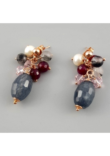 Orecchini, quarzo rutilato grigio, perle coltivate, Agata ruby﻿