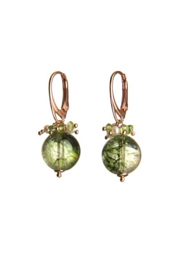 Orecchini quarzo verde muschiato perle coltivate﻿