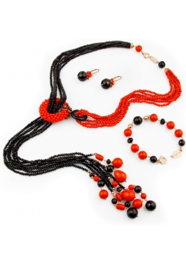 Parure agata nera, corallo bamboo rosso