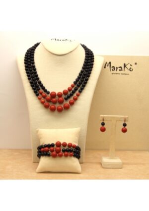 Parure Agata nera e Corallo bamboo rosso﻿