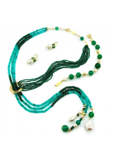 Parure agata verde smeraldo,crisopaz, perle coltivate