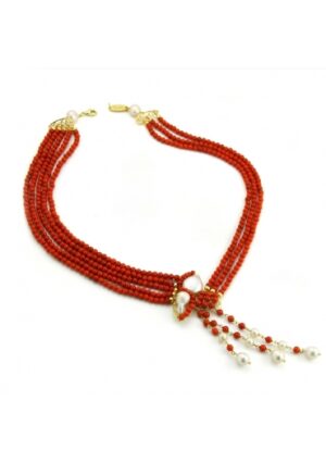 Collier corallo bamboo, Corallo rosso, perle coltivate﻿