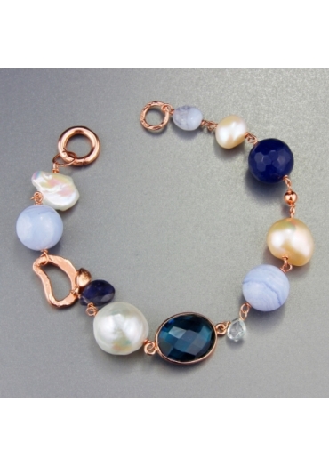 Bracciale perle coltivate, calcedonio, agata blu