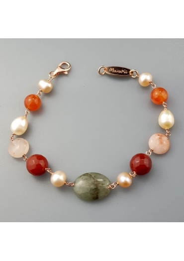 Bracciale quarzi multicolor, agata arancione, perle coltivate